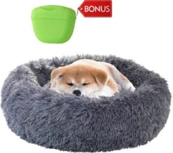 Hondenmand Donut – 60 Cm - Honden Mand – Pluche – Fluffy – Extra Zacht - Hondenkussen – Kattenkussen – Bed - Wasbaar Met Rits – Hondenmanden – Rond – Bank – Grijs - Qwality