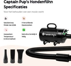 Captain Pup's Professionele Hondenföhn Met 4 Opzetstukken - Bijgeleverde Hondenborstel - Waterblazer Voor Honden - Zwart -Huisdier Benodigdheden 1200x1117